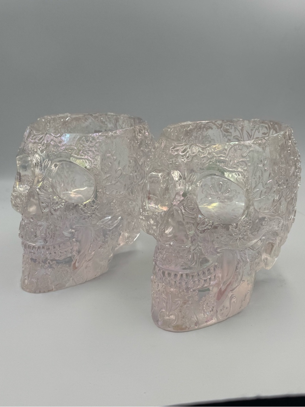 Iridescent Skull Makeup Brush Holders Lot of 2 Holographic Goth Vanity Decor
